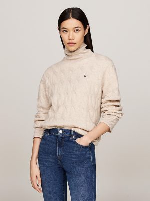 SOFT WOOL CABLE ROLL-NECK SWEATER