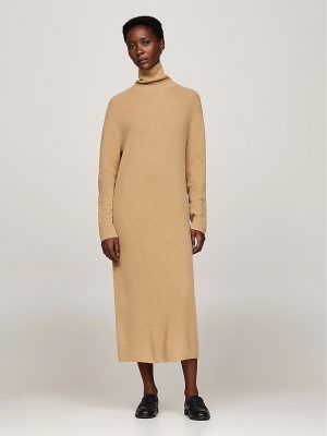 WOOL CASH ROLL-NK LONG DRESS